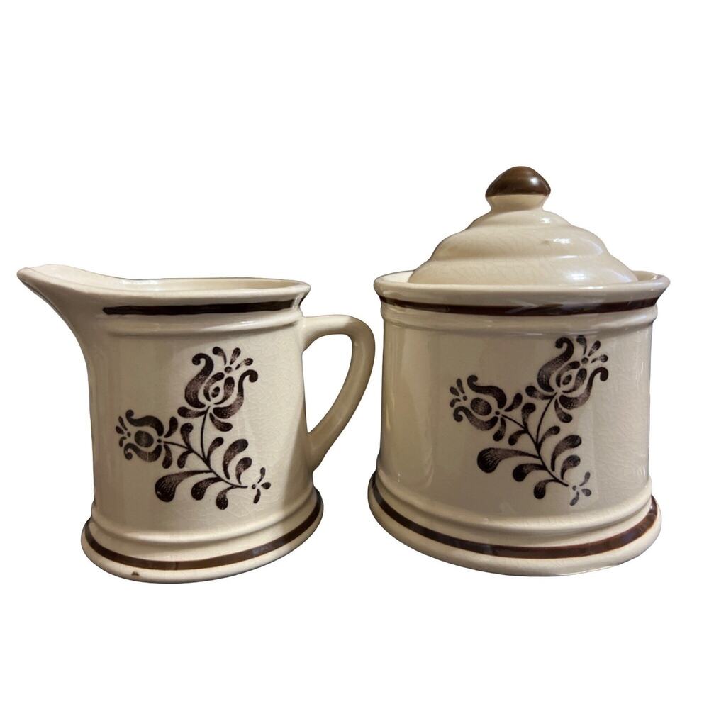 Vintage Retired Village Stoneware Creamer and Lidded Sugar Bowl